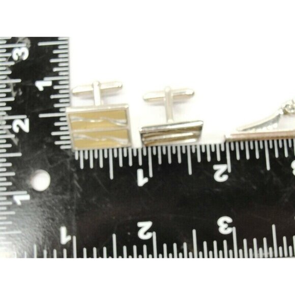 Anson Cufflinks Neck Tie Clip Set Two Tone Brushed Tux Shirt Dress Suit Vintage - Picture 6 of 8